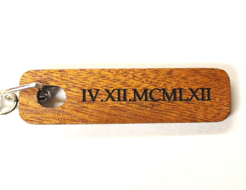 Roman numeral date Keyring made from mahogany