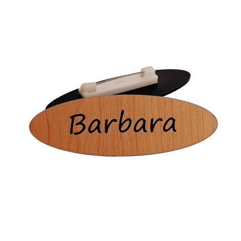 Oval wood effect name badge