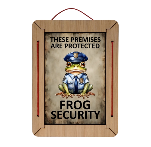 frog security metal sign with wooden frame
